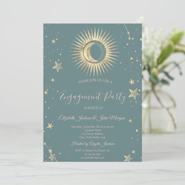Invitación Oro Celestial Sol Y Luna Estrellas Verde Menta (Anverso de pie)