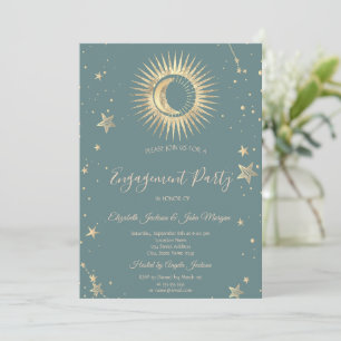 Invitación Oro Celestial Sol Y Luna Estrellas Verde Menta