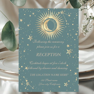 Invitación Oro Celestial Sol Y Luna Estrellas Verde Menta