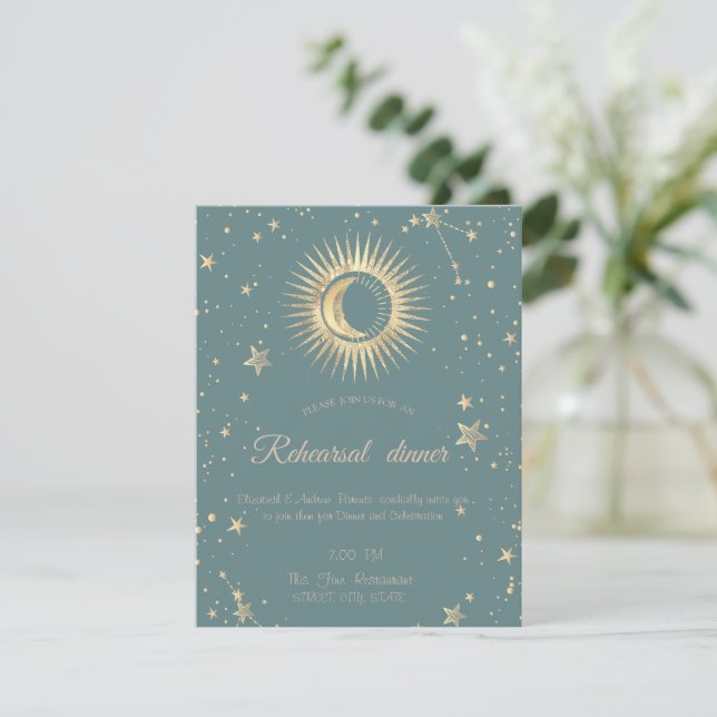 Invitación Oro Celestial Sol Y Luna Estrellas Verde Menta (Anverso de pie)