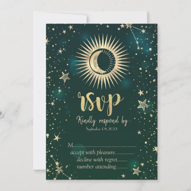 Invitación Oro Celestial Sol Y Luna Estrellas Verde RSVP (Anverso)