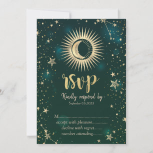 Invitación Oro Celestial Sol Y Luna Estrellas Verde RSVP