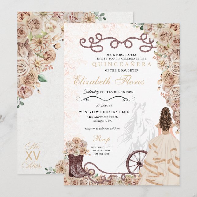 Invitación Oro Champagne Princesa Occidental Charro Quinceañe (Anverso / Reverso)