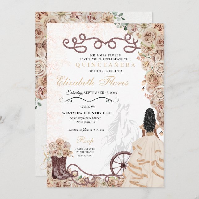 Invitación Oro Champagne Princesa Occidental Charro Quinceañe (Anverso / Reverso)