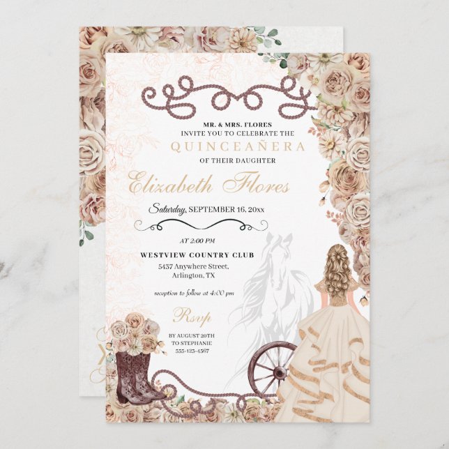 Invitación Oro Champagne Princesa Occidental Charro Quinceañe (Anverso / Reverso)