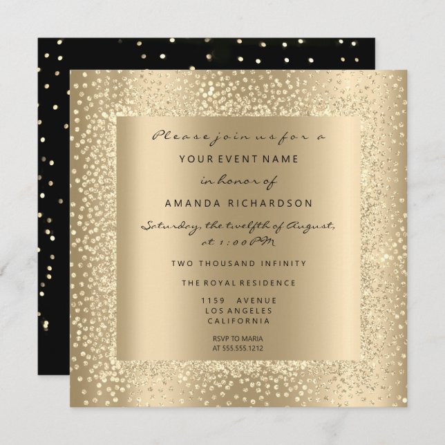 Invitación Oro Champán Mínimo Negro Confeti Sepia Glam (Anverso / Reverso)