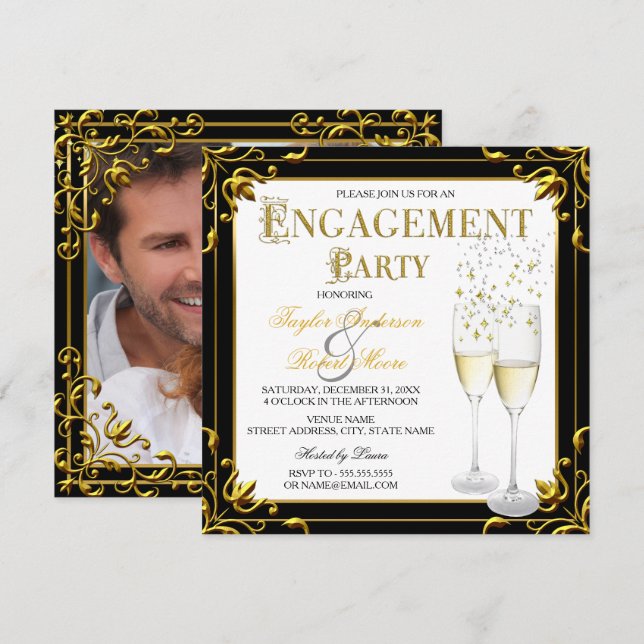 Invitación Oro Champán Negro Blanco Compromiso Fiesta Foto (Anverso / Reverso)