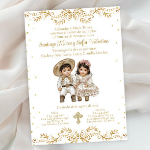 Invitación Oro Charro y Bautizo Español Charra Twin