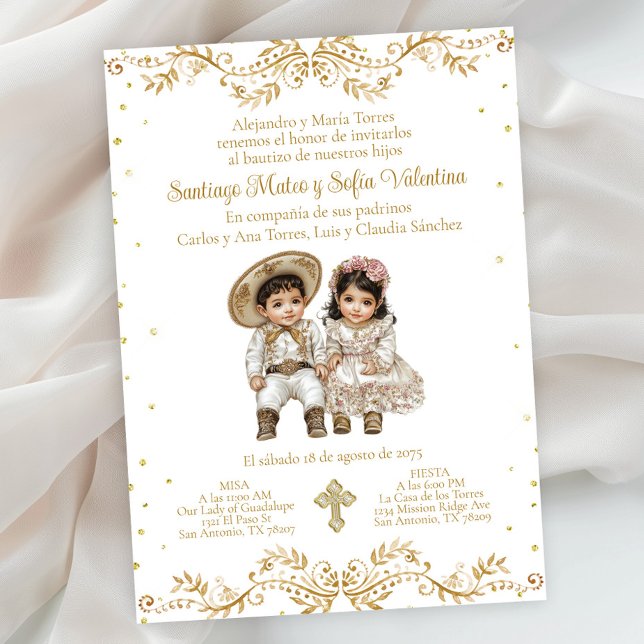 Invitación Oro Charro y Charra Twin Bautizo Español (Gold Charro and Charra baptism invitation. Simply add your event details. )