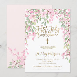 Invitación Oro color de agua floral rosa Primera Comunión San