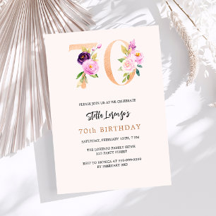 Invitación Oro color melocotón rosa número floral 70 cumpleañ