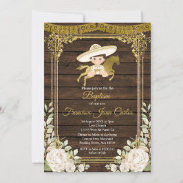 Invitación Oro Con Rosas Blancas Fiesta Baptismo