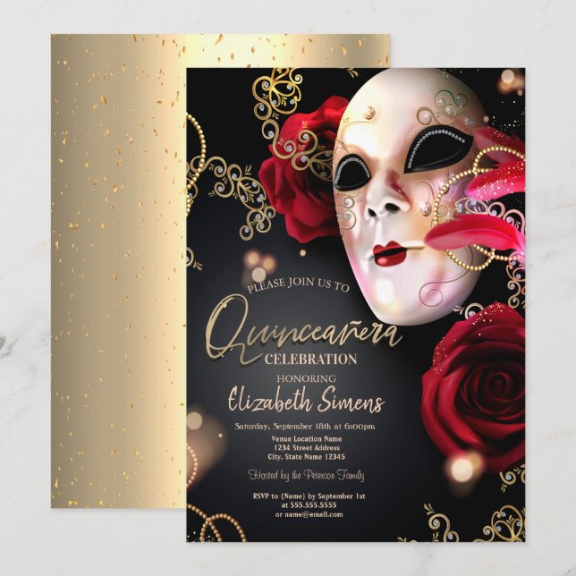 Invitación Oro Confetti Masque Roses Rojas Quinceañera (Anverso / Reverso)