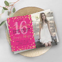 Invitación Oro Confetti Rosa Caliente Foto Sorpresa Dulce 16