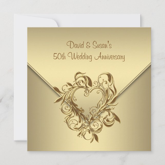 Invitación Oro Corazón Elegante Oro 50 Aniversario Boda (Anverso)