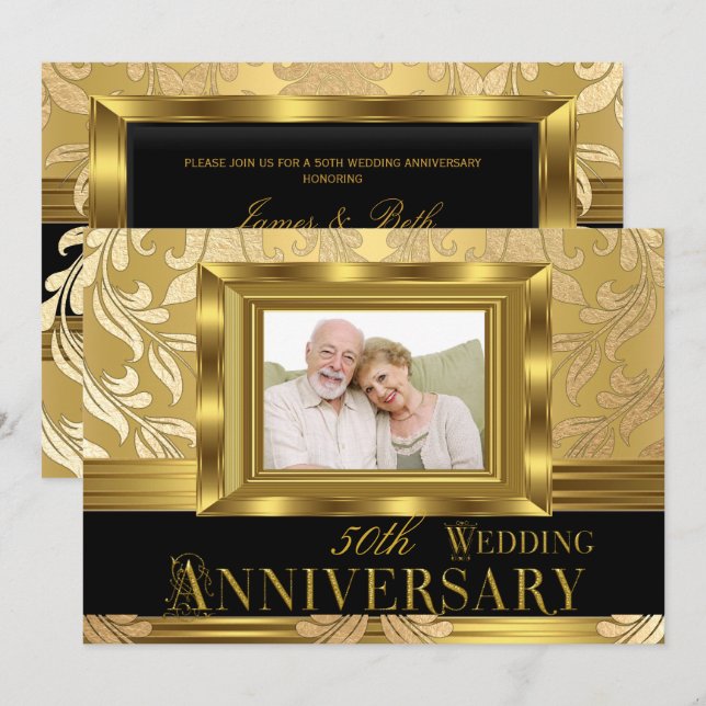 Invitación Oro Damasco Foto 50 aniversario Boda (Anverso / Reverso)