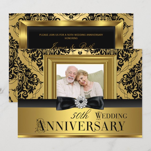 Invitación Oro Damask Bow Foto 50 aniversario Boda 3 (Anverso / Reverso)