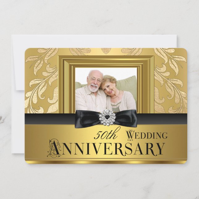 Invitación Oro Damask Bow Foto 50 aniversario Boda 4 (Anverso)