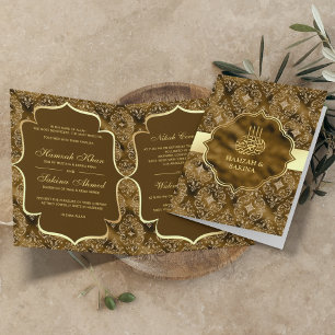 Invitación Oro Damask Moss Brown Boda musulmán islámico