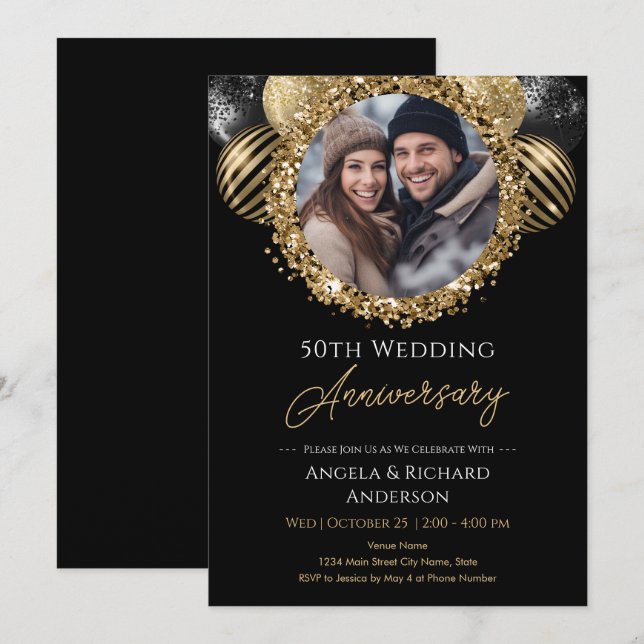 Invitación Oro de 50 años y foto de Purpurina negro (Anverso / Reverso)