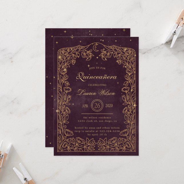 Invitación Oro de Borgoña Celeste Exclusivo Quinceanera (Anverso/Reverso In Situ)