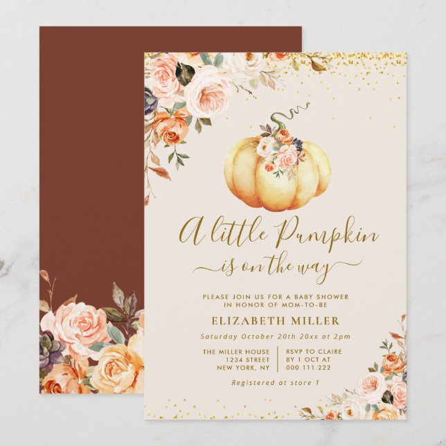 Invitación oro de calabaza pequeña y ducha de bebé florida y  (Anverso / Reverso)