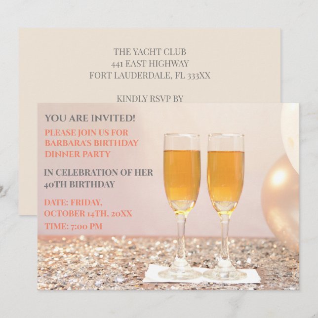 Invitación Oro de cáscara de huevo 40 cumpleaños champagne (Anverso / Reverso)