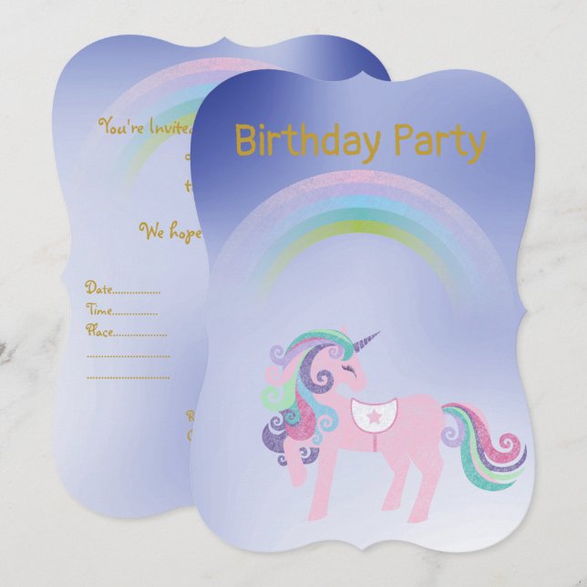 Invitación Oro de cumpleaños de Blue Rainbow Unicornio (Anverso / Reverso)