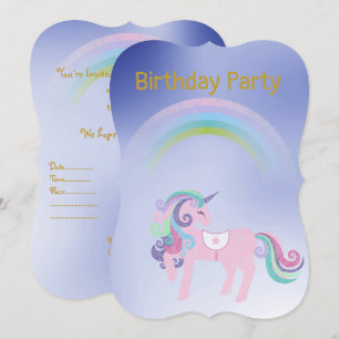 Invitación Oro de cumpleaños de Blue Rainbow Unicornio