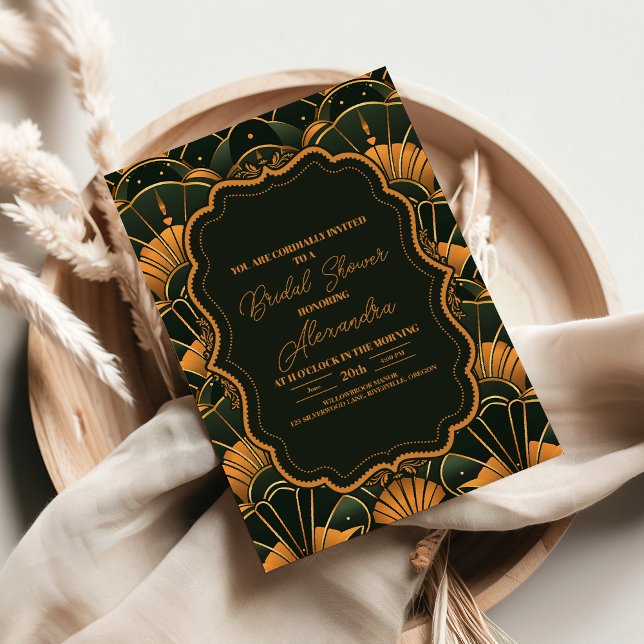 Invitación Oro de diamante marital Art Deco y verde (Subido por el creador)