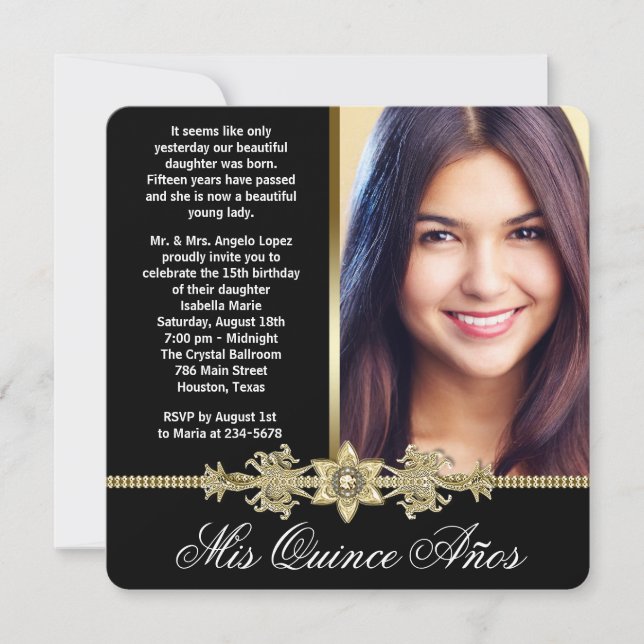 Invitación Oro de diamante negro y foto de oro Quinceanera (Anverso)