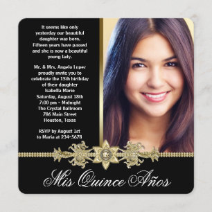 Invitación Oro de diamante negro y foto de oro Quinceanera