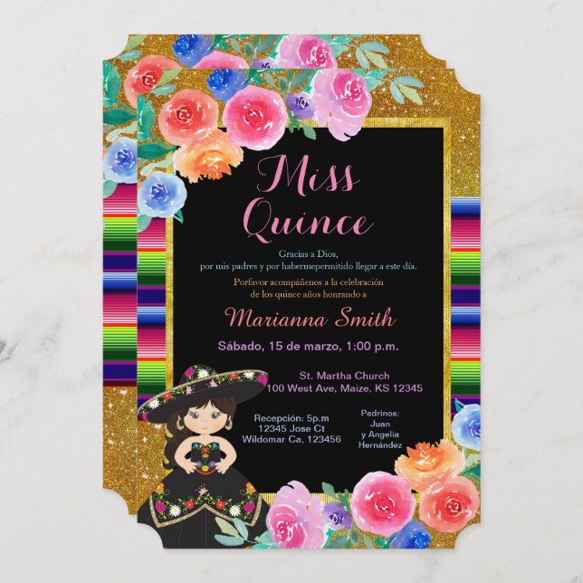 Invitación Oro de Fiesta Mexicana Vestido Negro Quinceañera (Anverso / Reverso)