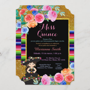 Invitación Oro de Fiesta Mexicana Vestido Negro Quinceañera