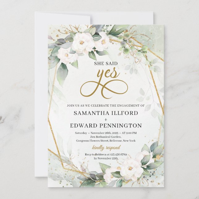 Invitación Oro de follaje verde de rosas blancas dijo que sí (Anverso)