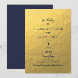 Invitación Oro de Hoja Azul Marino Minimalista Clásico Boda