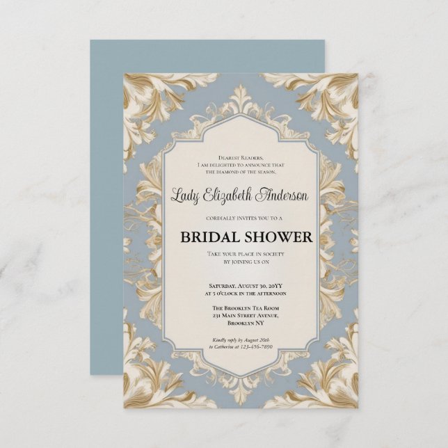 Invitación oro de la época de regencia Bridgerton Bridal Show (Anverso / Reverso)