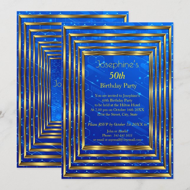 Invitación Oro de la fiesta de cumpleaños número 50 de Electr (Anverso / Reverso)