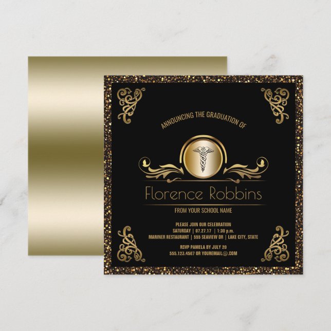 Invitación Oro de la fiesta de graduación el | de la (Anverso / Reverso)