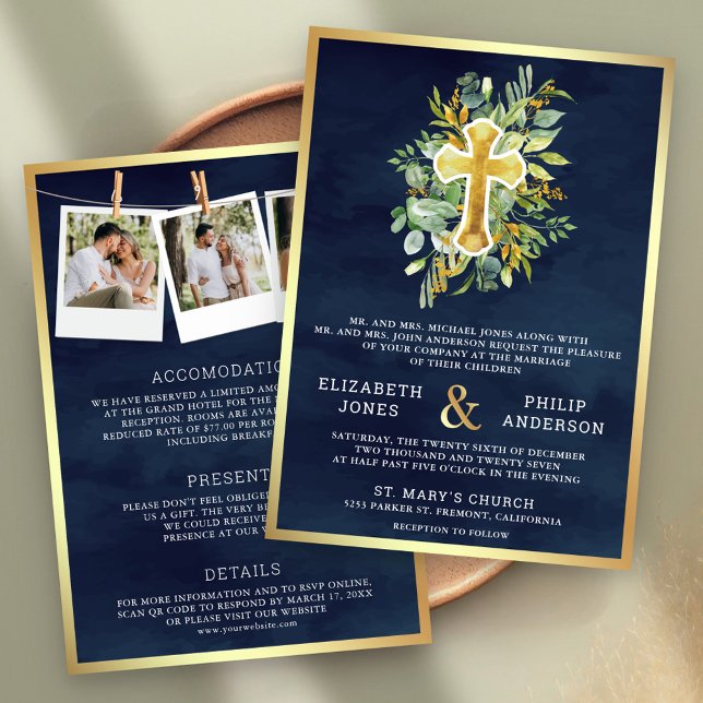 Invitación Oro de la marina verde todo en un Boda católico (Subido por el creador)