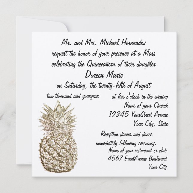 Invitación Oro de la piña de Quinceanera metálico (Anverso)