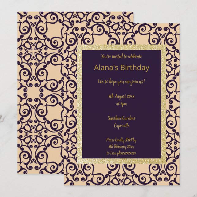 INVITACIÓN ORO DE LA PLATA DE DAMASK NAVY MODERNO (Anverso / Reverso)