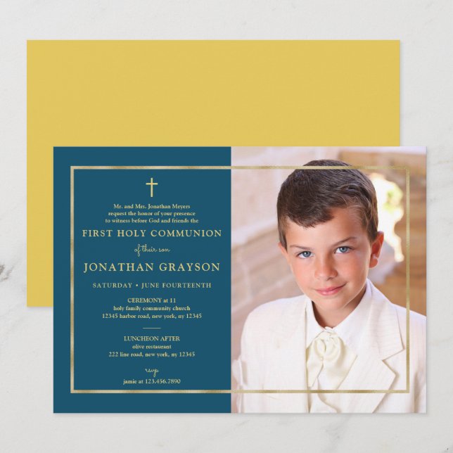 Invitación Oro de la primera comunión fotográfica (Anverso / Reverso)