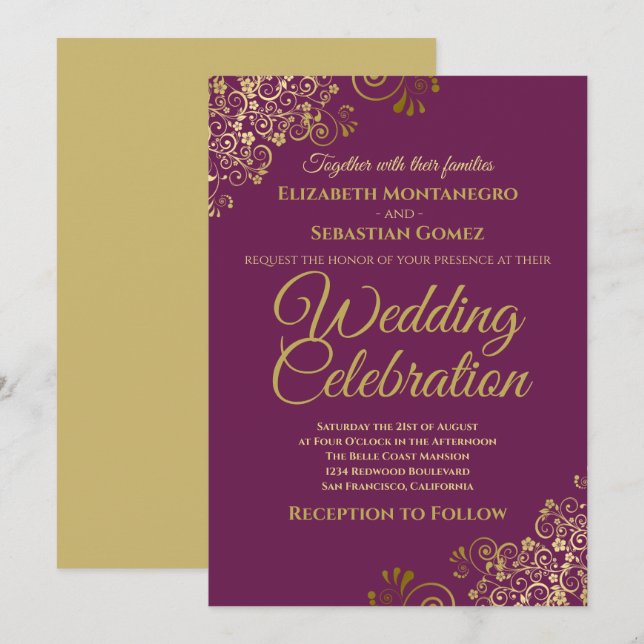 Invitación Oro de Lacy en Cassis Morado Simple Elegante Boda (Anverso / Reverso)
