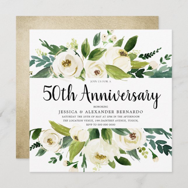 Invitación Oro de las flores blancas 50 años Boda (Anverso / Reverso)