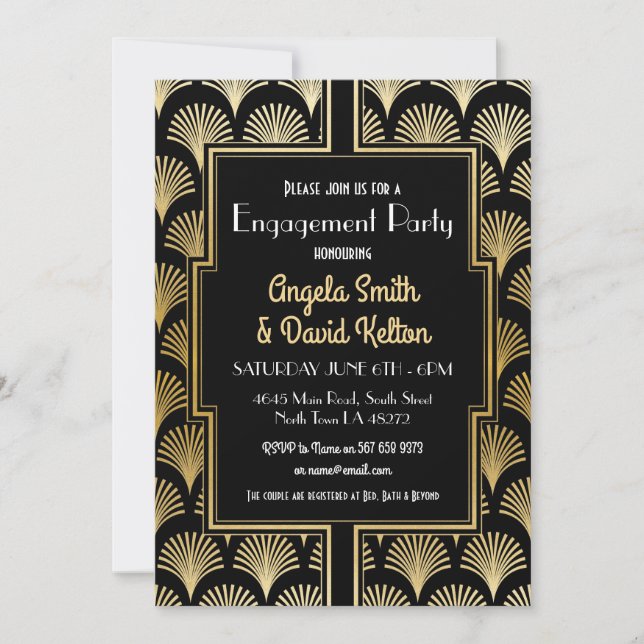 Invitación ORO de los años 20 de Gatsby del compromiso del (Anverso)