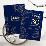 Invitación Oro de Marina Sorpresa 30 cumpleaños<br><div class="desc">Invitación de cumpleaños número 30 de la Marina Gold Surprise. El diseño femenino moderno minimalista presenta acentos botánicos y tipografía. Sencilla tarjeta de invitación floral perfecta para una elegante celebración de cumpleaños sorpresa femenina.</div>