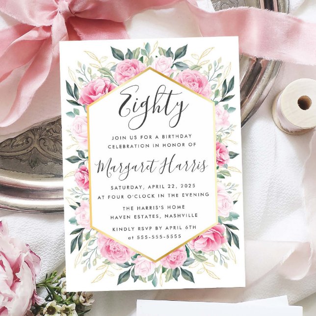 Invitación Oro de moda deja floral rosa 80 cumpleaños 80 (Subido por el creador)