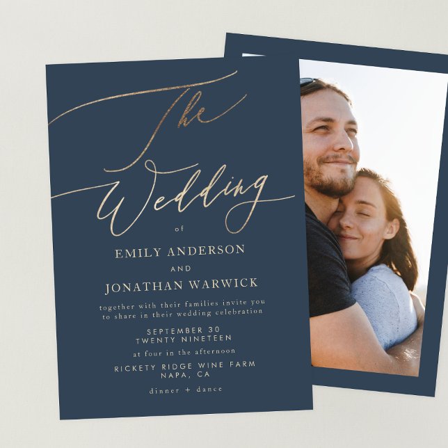 Invitación Oro de Navy Blue Elegant La foto del Boda (Subido por el creador)
