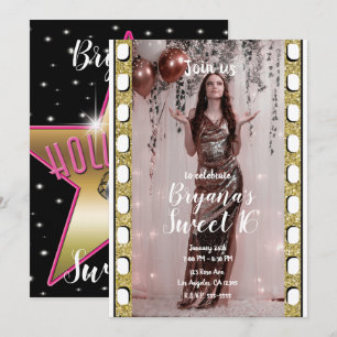 Invitación Oro de Película de Hollywood Estrella Rosa Dulces